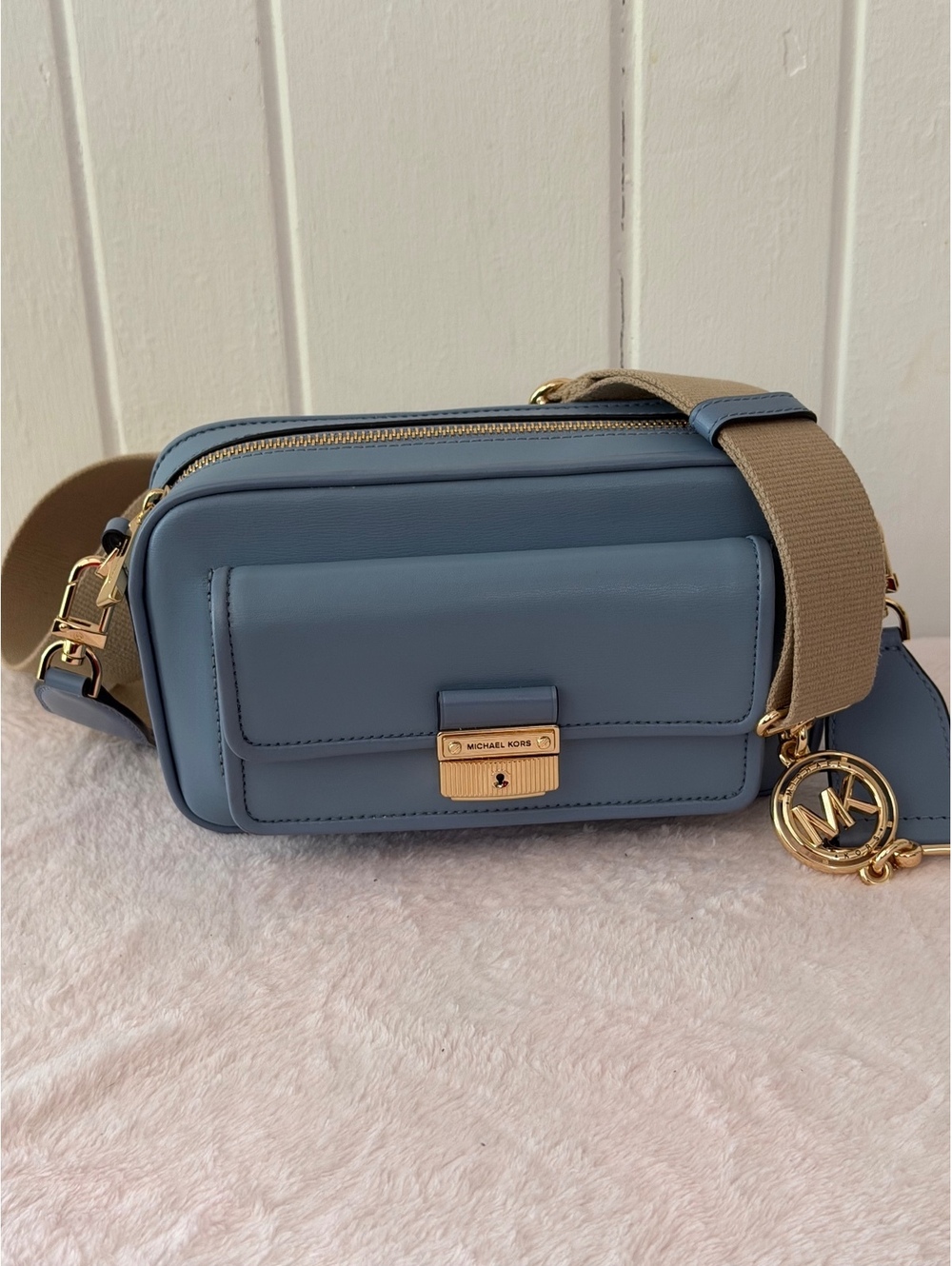 Michael Kors Blue Leather Crossbody Bag with Beige Adjustable Strap RARE